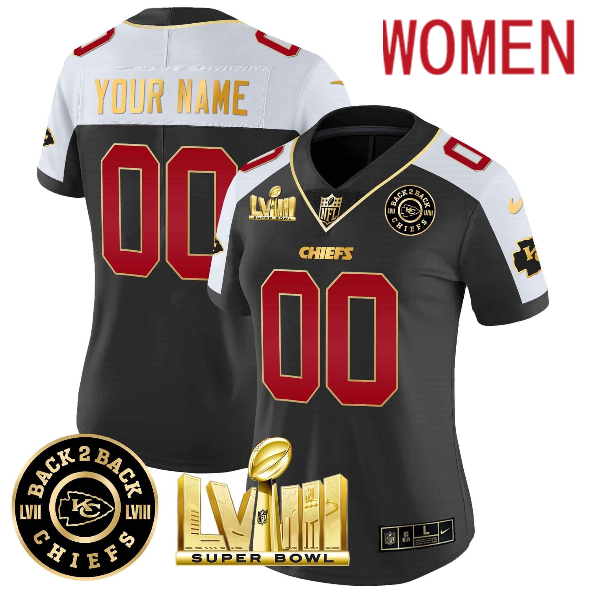 Women Kansas City Chiefs Black 2024 Nike Super Bowl LVIII & Back-2-Back Patch Vapor Custom NFL Jersey